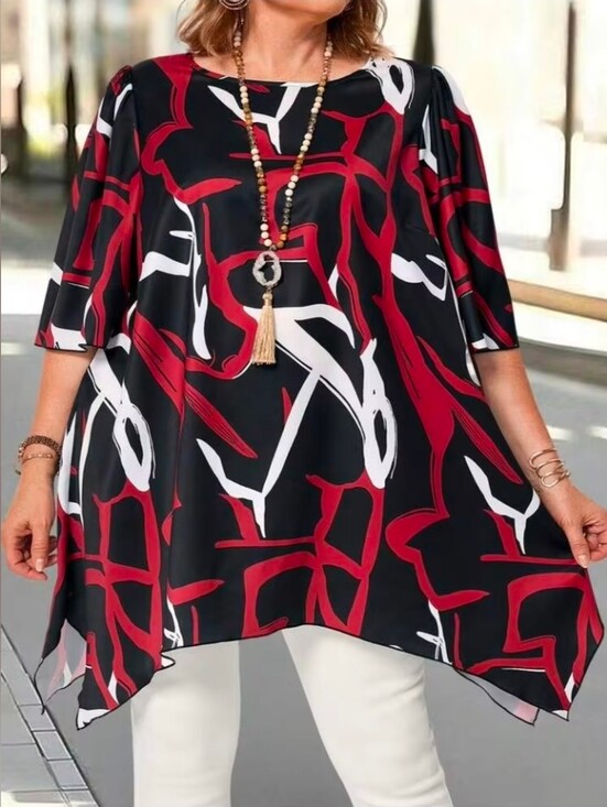 SHEIN Tops - SHEIN Black Red & White Abstract Plus-Size Tunic Asymmetrical Sz 32/34